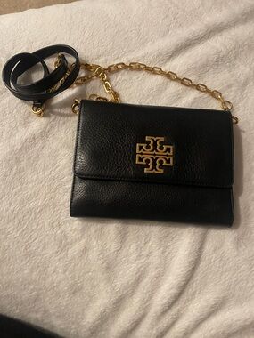 Tory Burch Black Leather Crossbody with Gold Chain and Logo